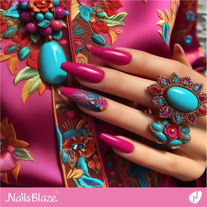 Classy Floral Accent on Fiery Fuchsia Nails | Cabin Crew Nails - NB3969